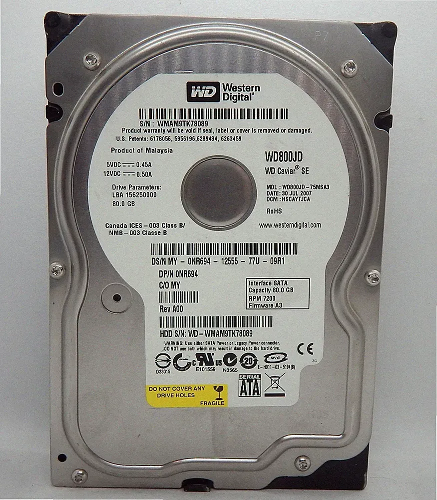 80GB 3.5" SATA HDD ~ Western Digital Caviar SE WD800JD-75MSA3 SN:WD-WMAM9TK78089